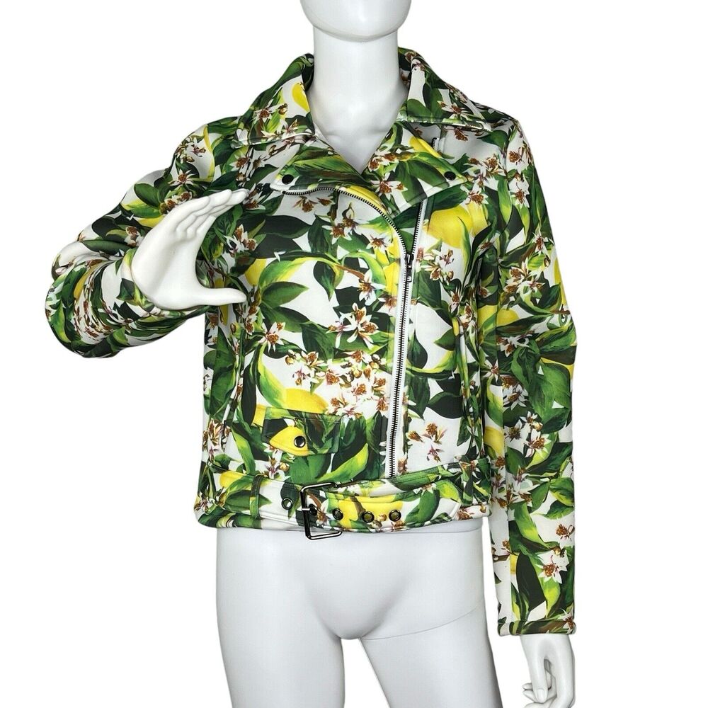 Anthropologie Six Crisp Days Moto Jacket Scuba Knit Lemon Blossom Print Size S